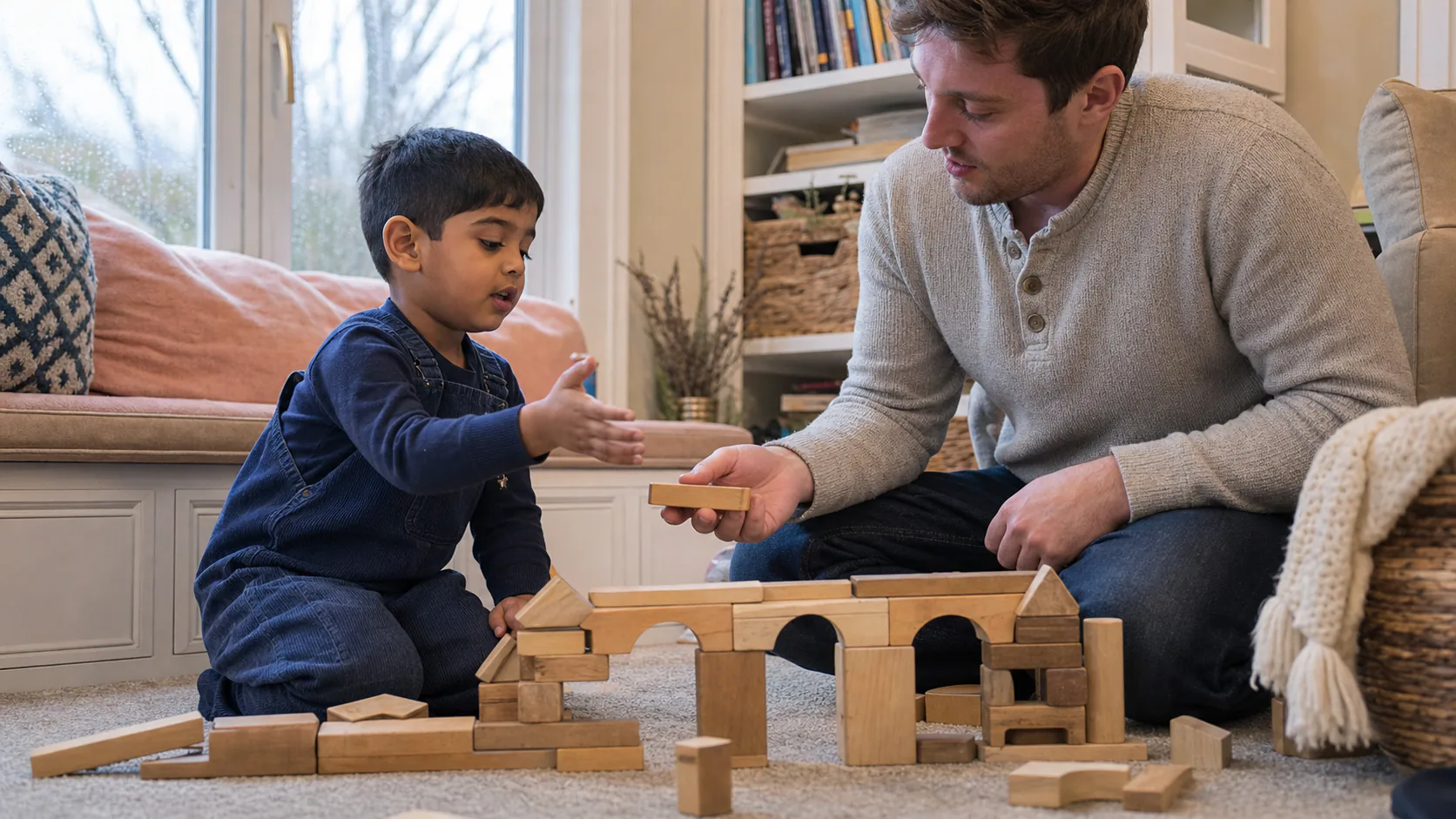 Niño dirigiendo una actividad de construcción con bloques mientras su terapeuta sigue su iniciativa