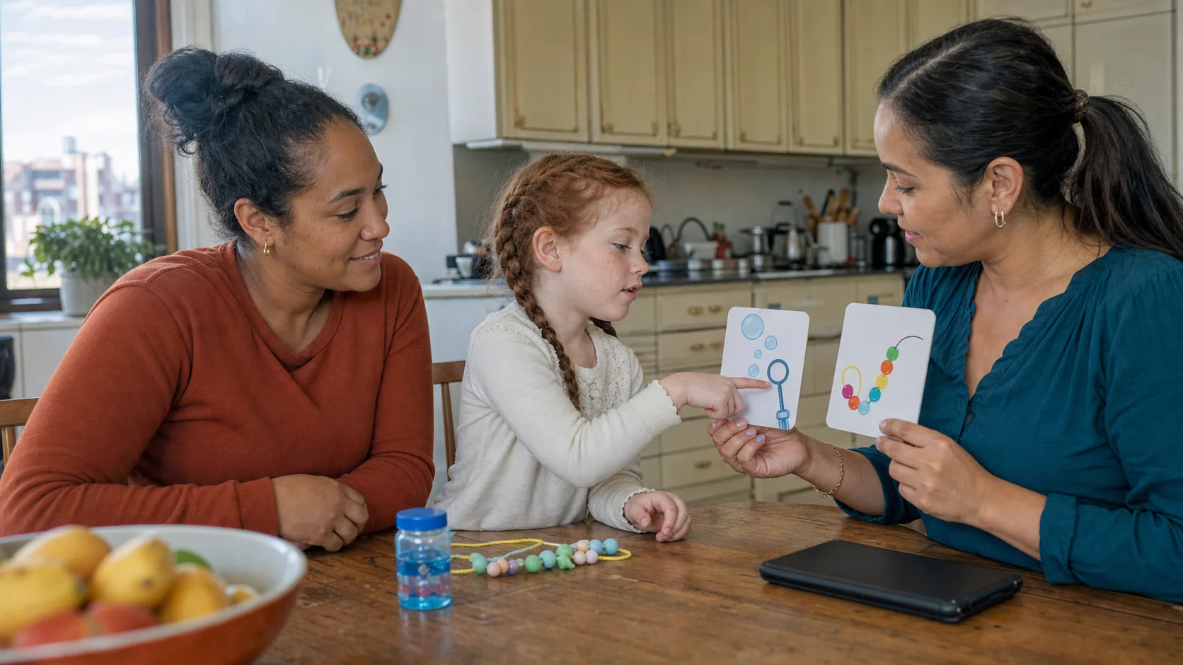 Niña eligiendo una actividad con su mamá y su terapeuta en la mesa de la cocina
