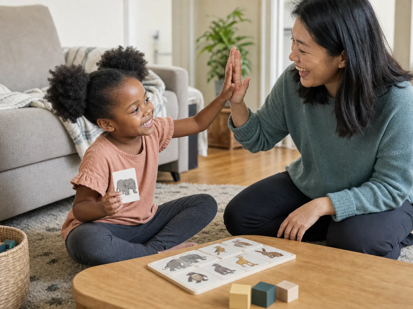 Smiling therapist and young girl sharing a joyful high five during an in-home ABA session