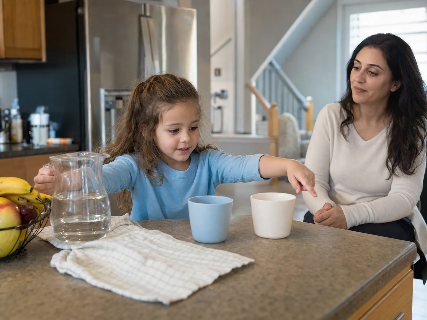 Niña eligiendo una taza durante una rutina cotidiana en la cocina con su terapeuta