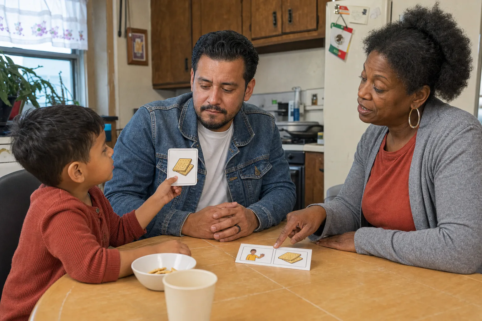 Padre practicando con su hijo la rutina de pedir una merienda mientras una terapeuta los guía