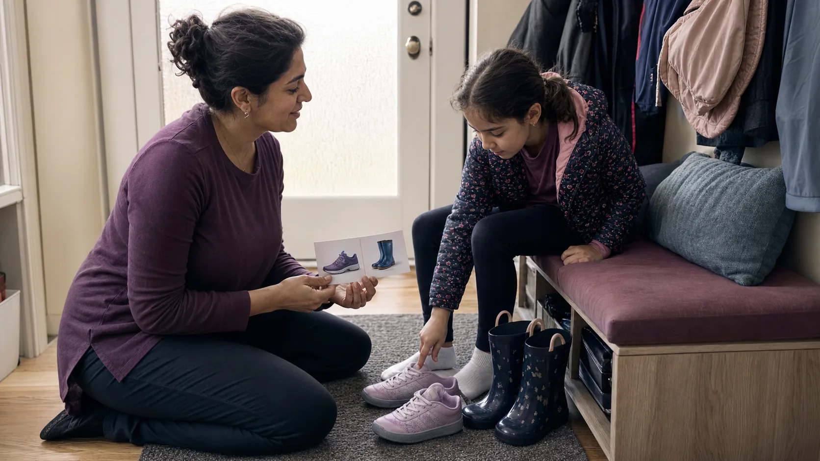 Niña eligiendo sus zapatos con calma con el apoyo de su mamá